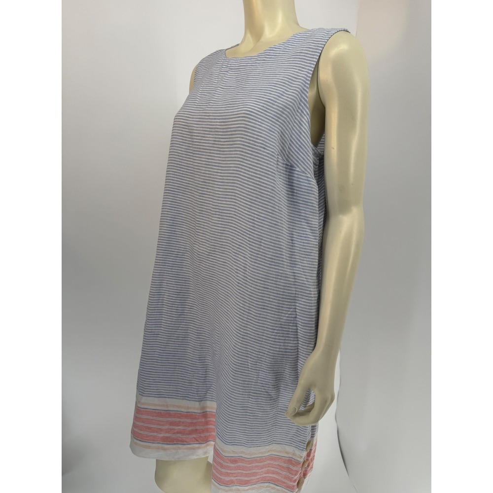 J. Jill Love Linen Sleeveless Shift Dress Petite Large PL Blue Striped Coral Hem